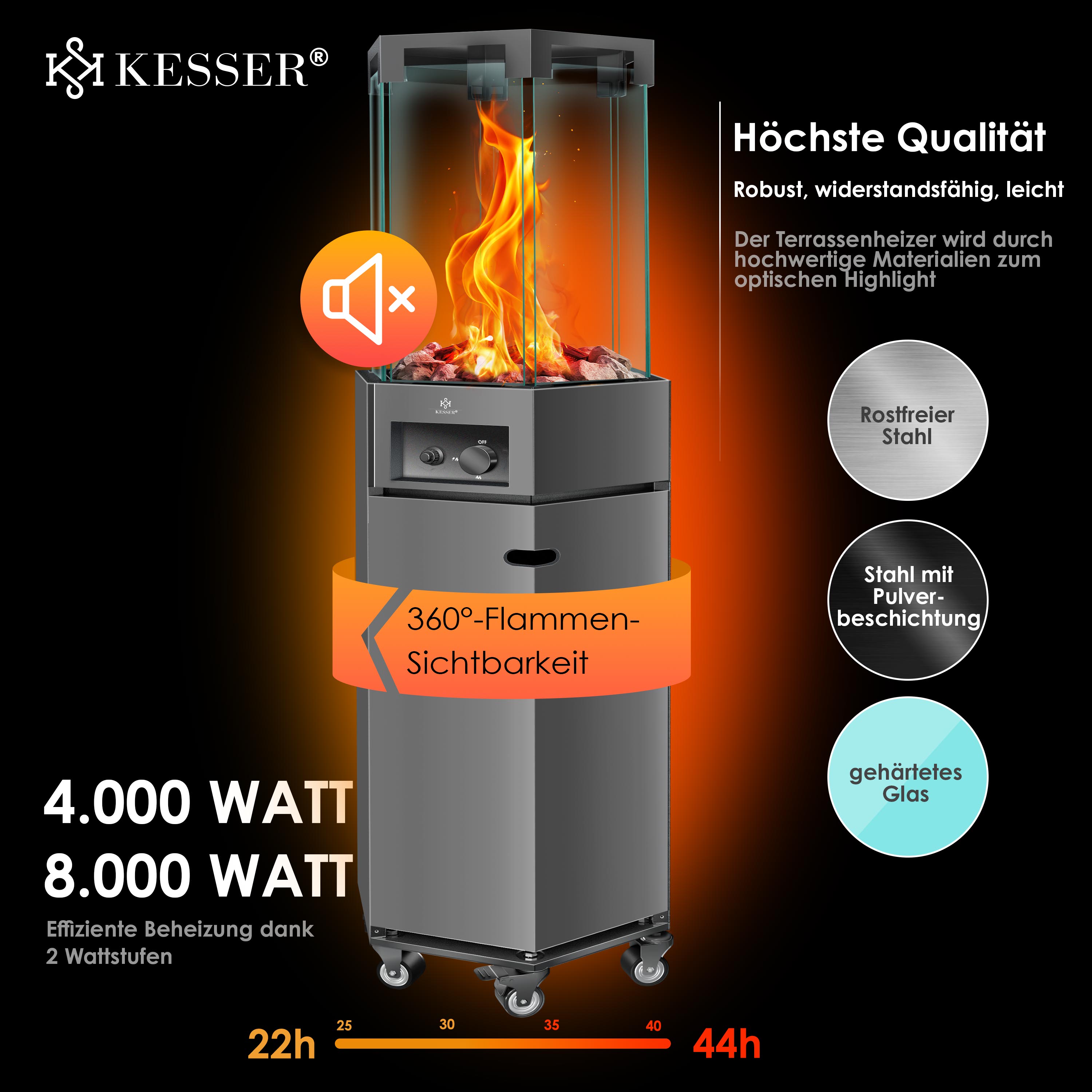 KESSER® Heizstrahler Gas Terrassenheizstrahler Gasheizungen Gasheizstrahler Gasheizer inkl. Schutzhülle Outdoor-Heizung Mobiler Heizpilz Flammenheizer, Pyramide Terrassenheizer , mit Bodenrollen