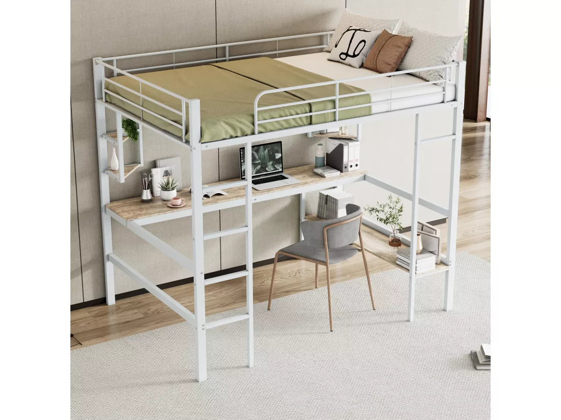 Lit mezzanine 140 x 200 cm avec bureau et étagères - Métal - Sommier à lattes - Blanc (sans matelas)