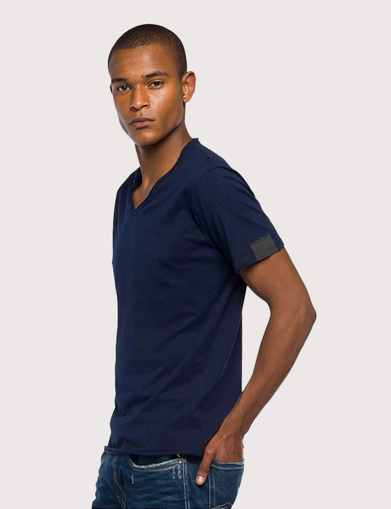 REPLAY T-SHIRT COL V COTON STEEL BLUE