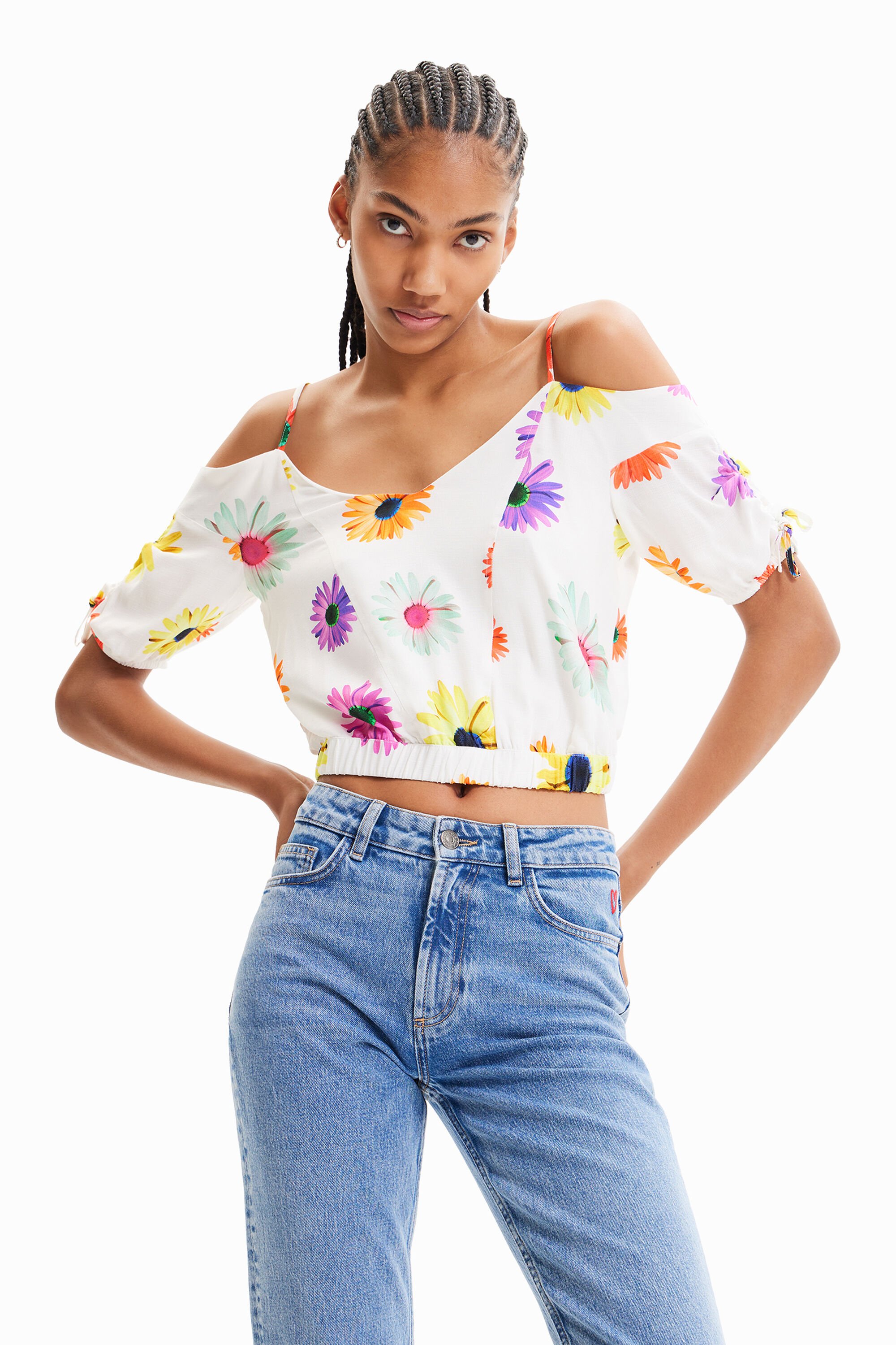 Blouse courte froncée fleurs