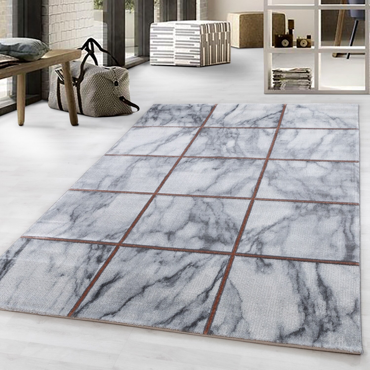 Modern Designer Teppich, Kurzflor Marmor Optik, Rechteckig, Pflegeleicht