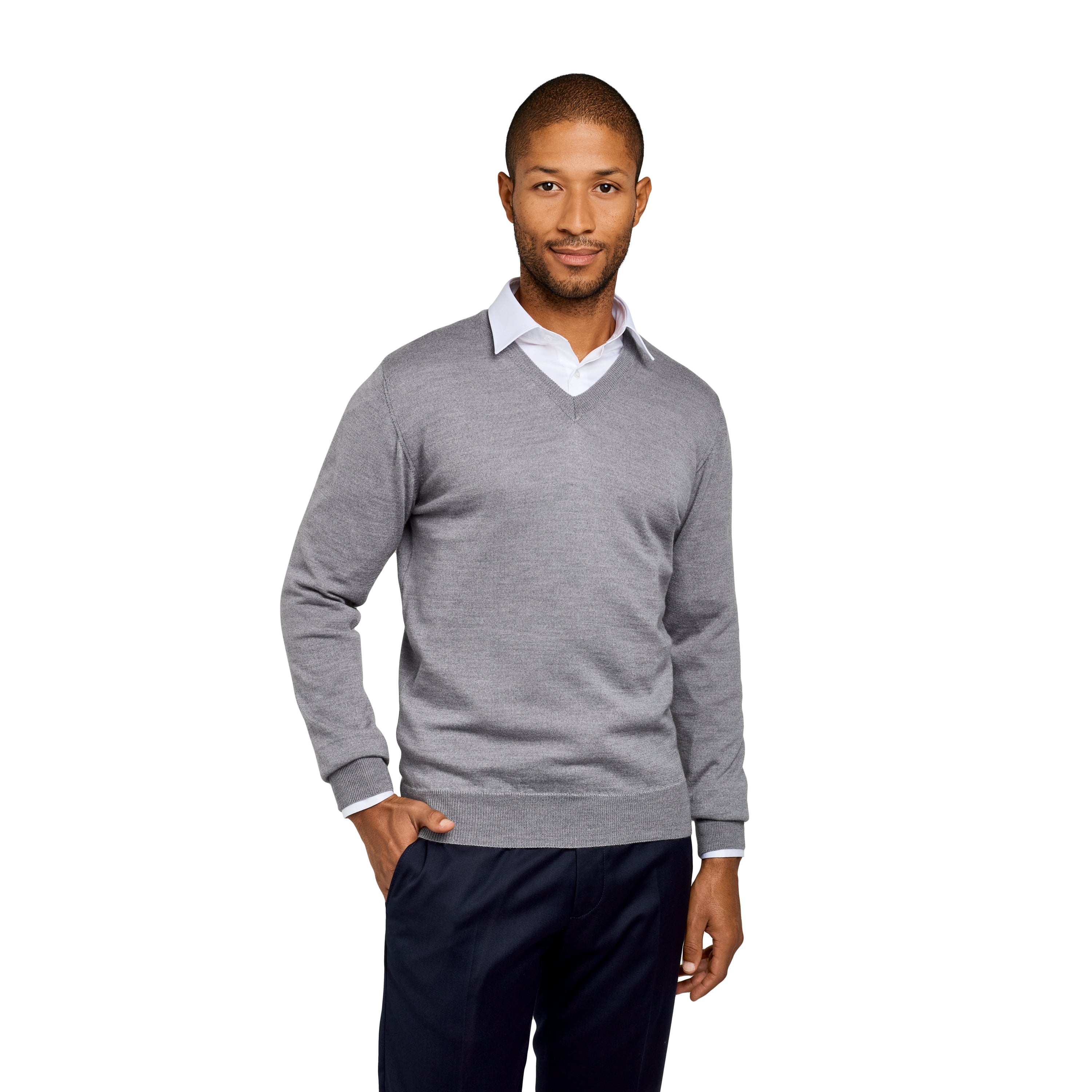 Pull col v 100% pure laine Mérinos gris