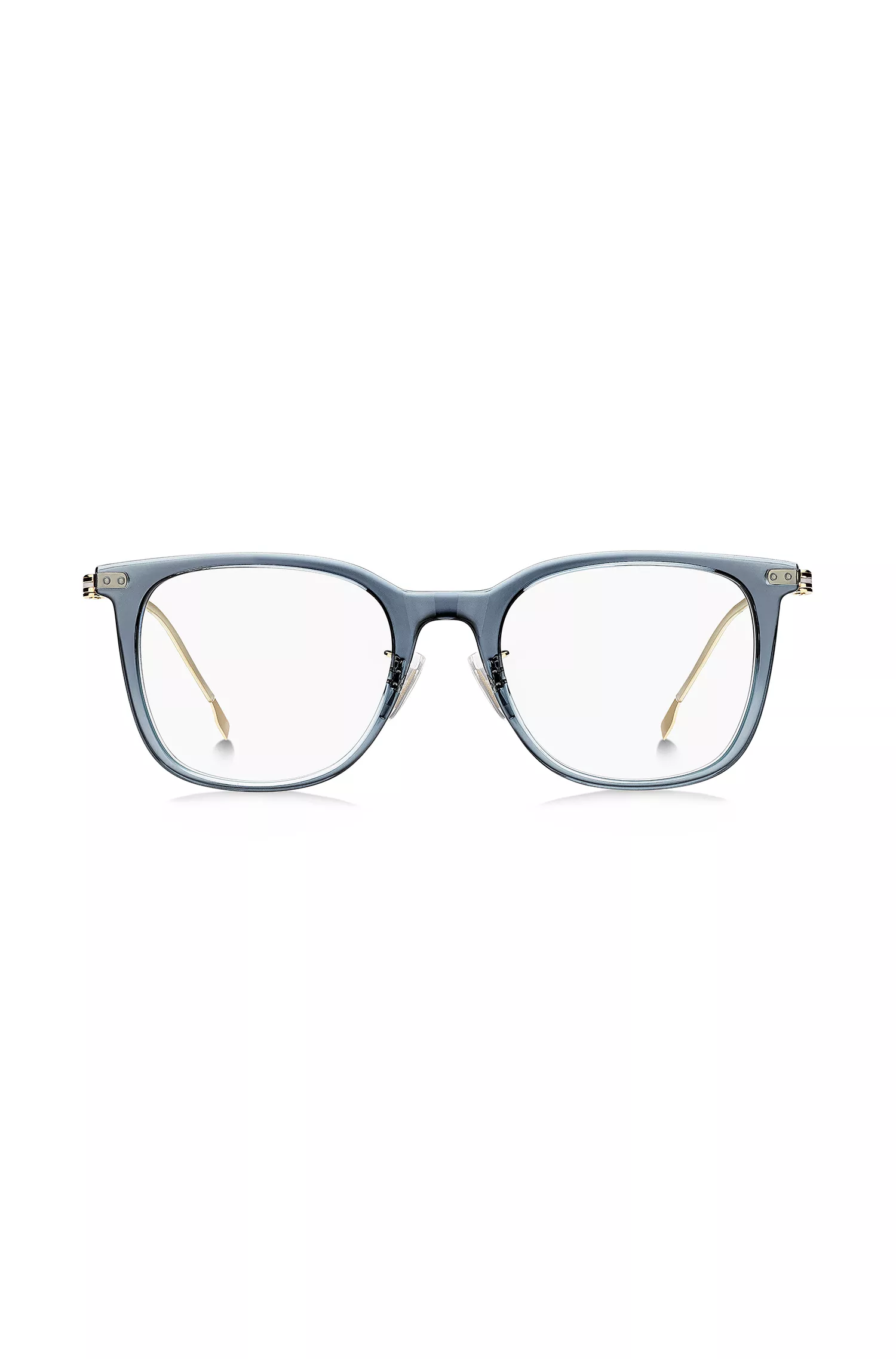 Armação de óculos BOSS em acetato preto e azul com hastes douradas.