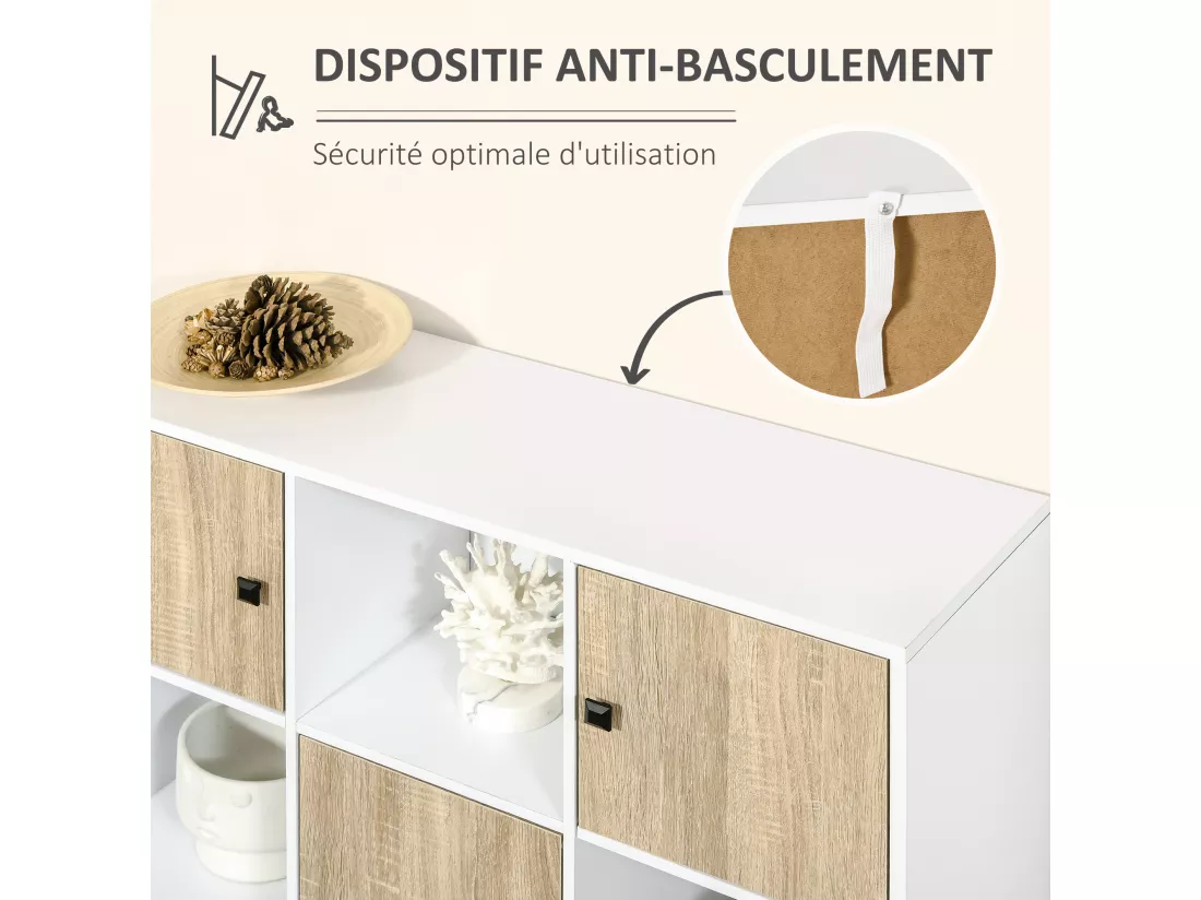 Bibliothèque meuble de rangement design scandinave 3 niches 3 portes panneaux particules blanc aspect chêne clair