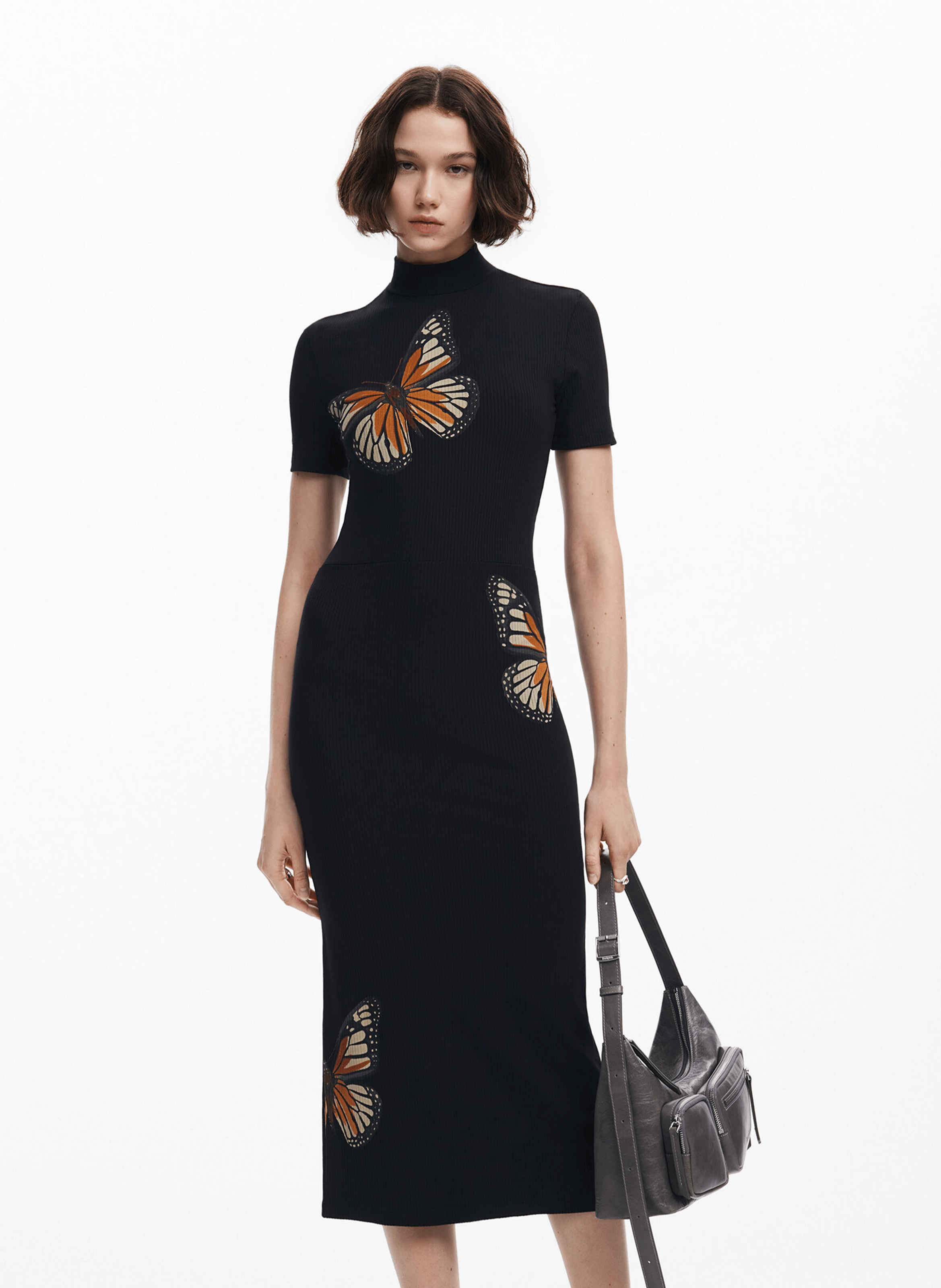 Robe midi slim à papillons| Noir