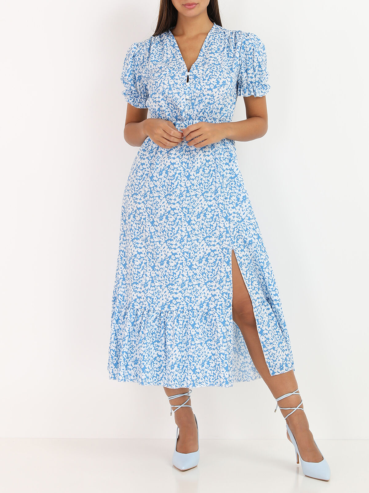 Robe fendue à imprimé floral- Bleu clair