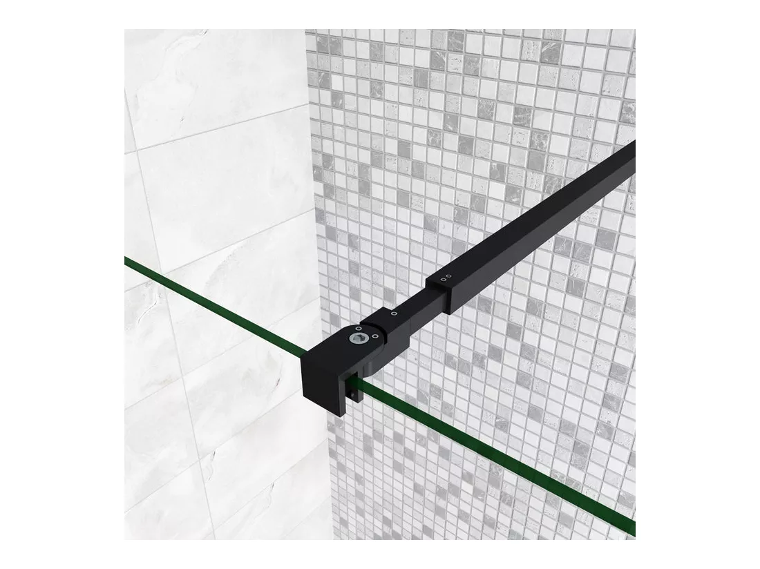 Paroi de douche à l'italienne avec retour pivotant 140+30x200cm avec barre de fixation 73-120cm en carré - Noir Mat - 8mm verre anticalcaire