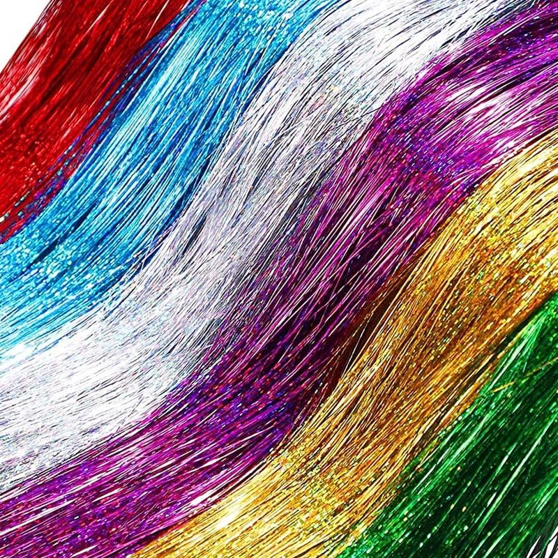 (12er Set) 120cm Kunsthaar Extensions Party Lametta Haarverlängerung Haar Schmuck Bunte Strähne Hair Tinsel - Bunt