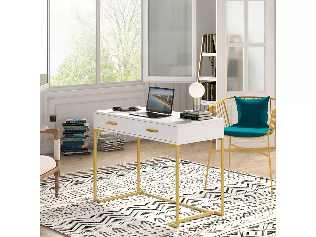 Tribesigns Bureau d'ordinateur, 100 cm Bureau avec Rangement, Table de Bureau, Simple et Moderne, Cadre en méta pour Bureau, Chambre, Blanc/Doré