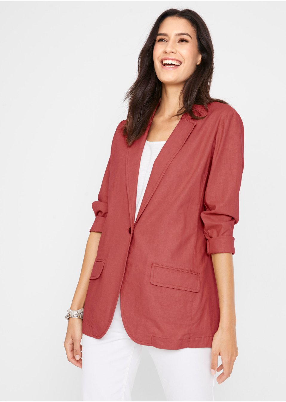 Blazer long en lin majoritaire, Loose Fit