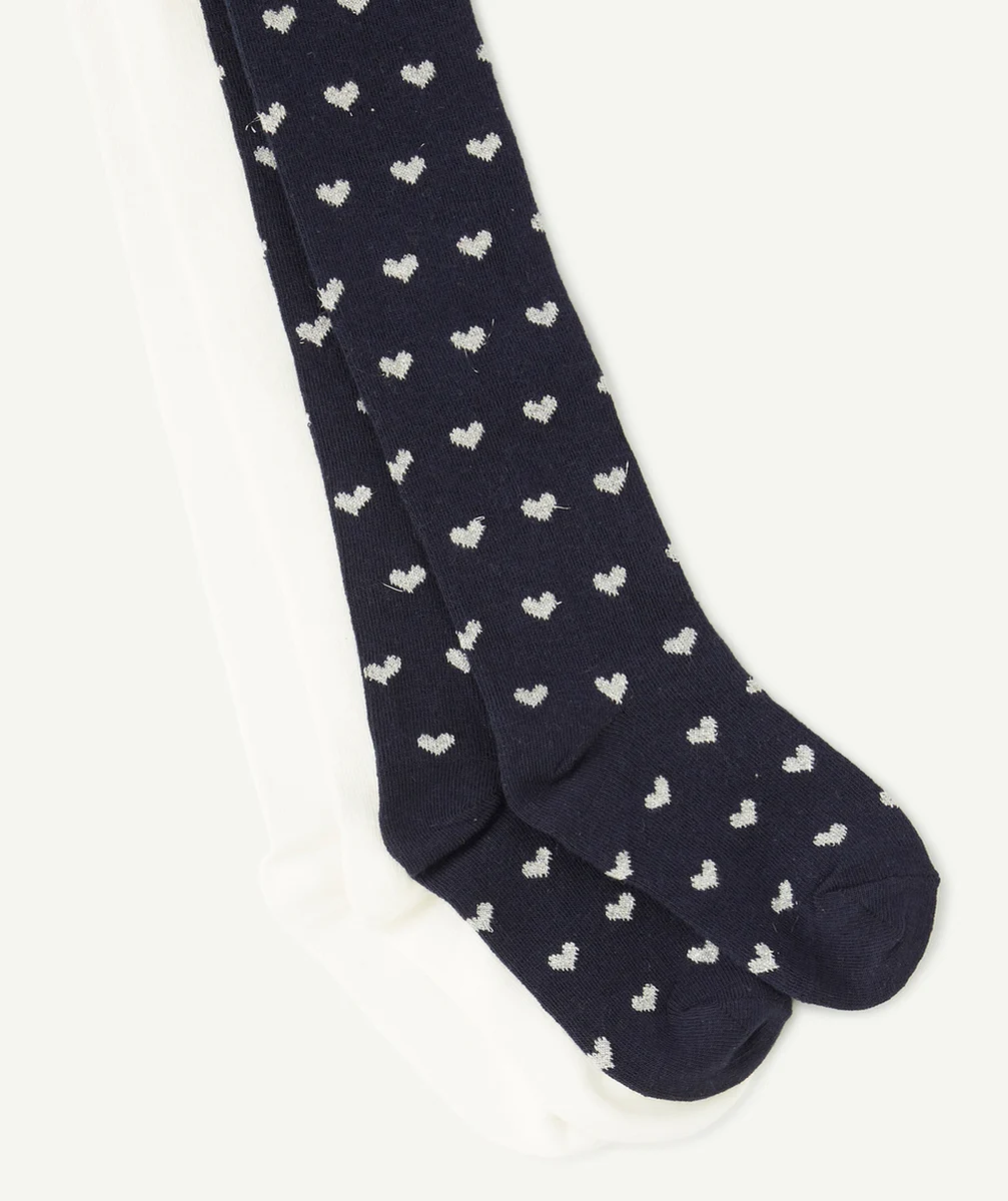 COLLANTS TRICOT FILLE BLANC ET BLEU MARINE AVEC COEURS
