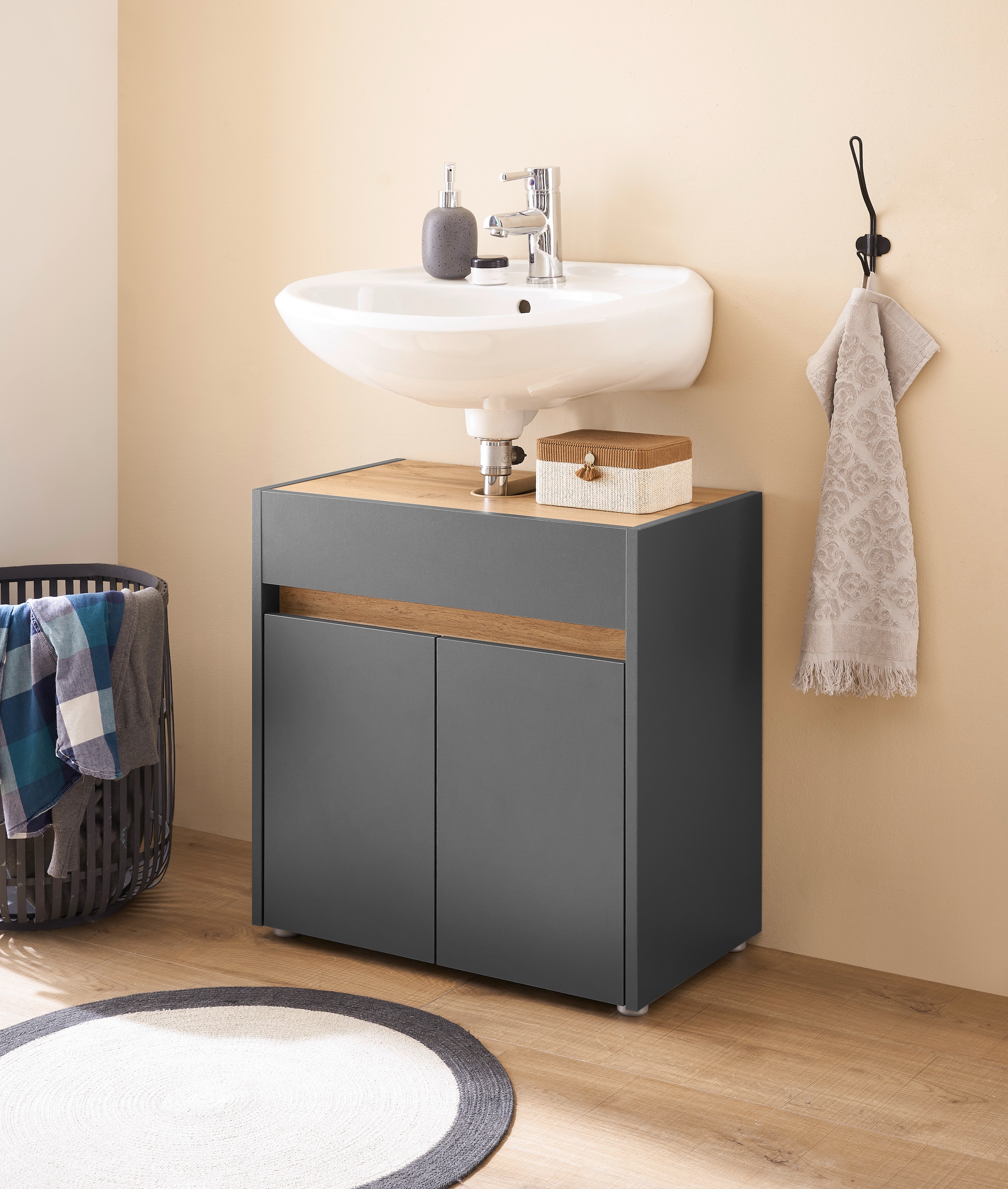 INOSIGN Waschbeckenunterschrank »CITY/GIRON, Waschtisch mit Griffmulde, Badschrank in zeitlosem Design« in den Farben Weiss und Anthrazit verfügbar, viel Stauraum