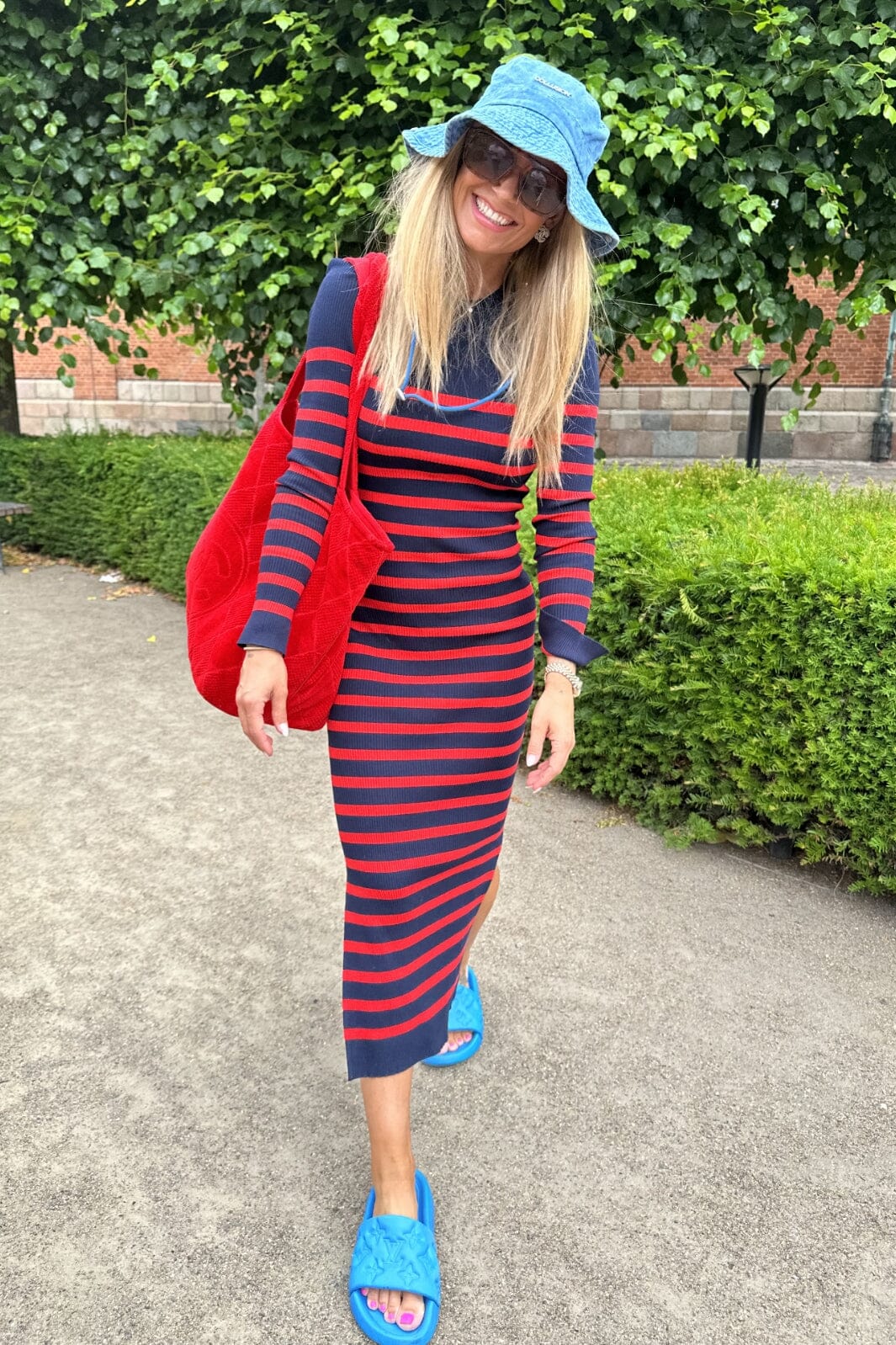 Valentin Studio Gold Button Knit Long Dress navy red stripe