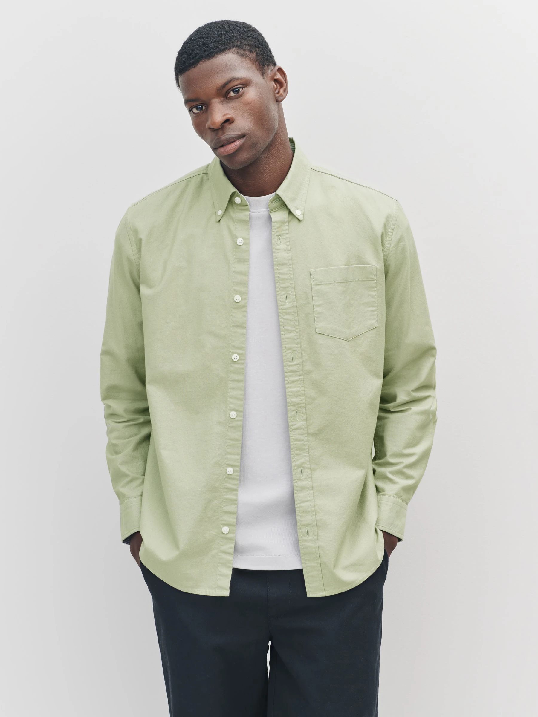 Grijs-groen - Slim Fit - Oxford-hemd met lange mouwen