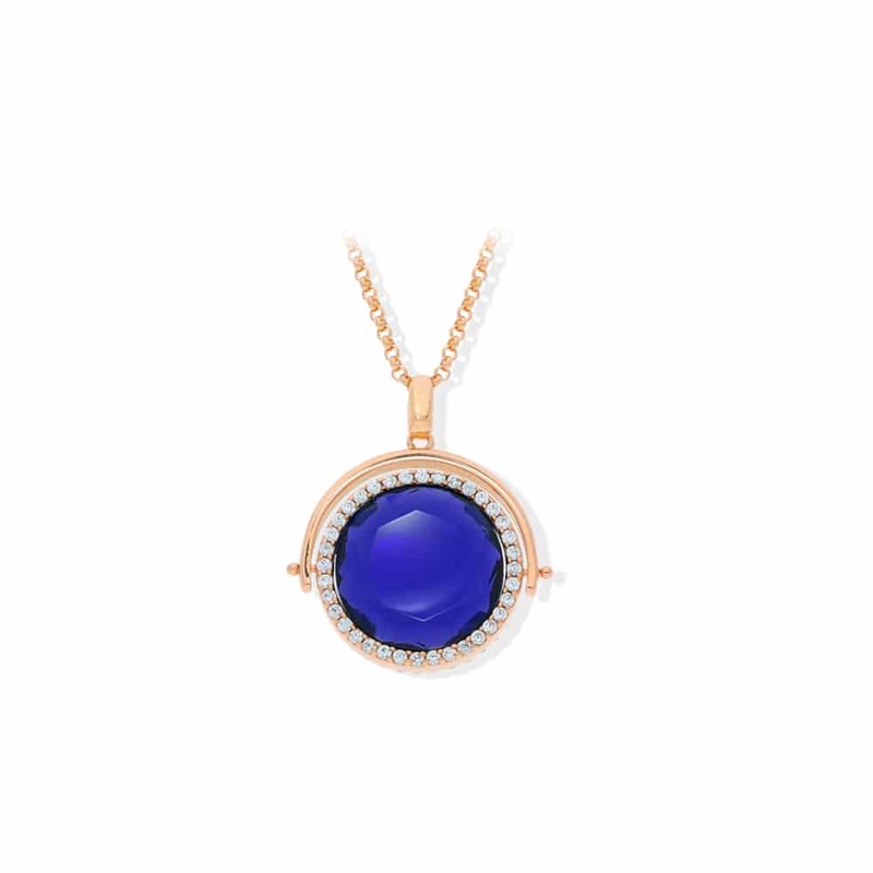 Collier Médaillon Double Face Rose Cristal Marine Et Prune