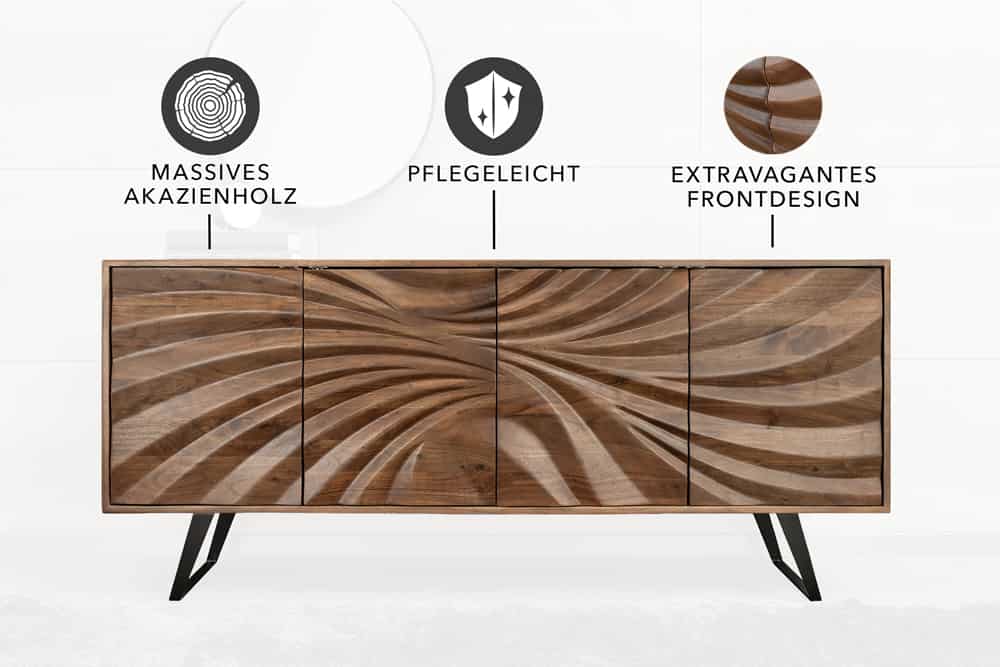 Massivholz Sideboard HURRICANE 175cm braun Akazie 3D-Design
