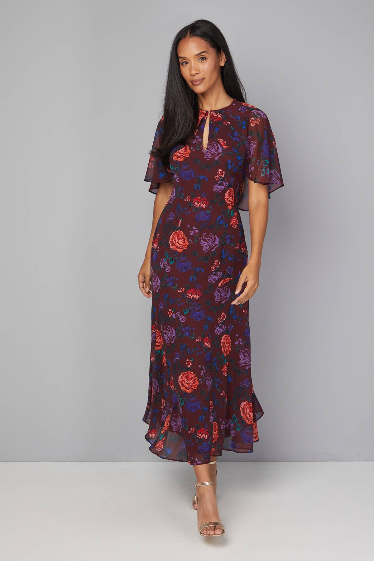 Wallis Robe Midi Florale à Manches Cape