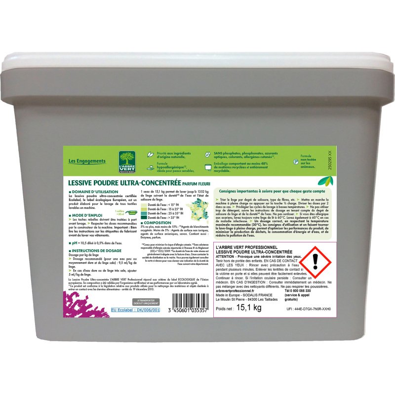 Lessive poudre Ultra-concentrée Hypoallergénique L'Arbre Vert professionnel - 300 lavages - Seau de 15,1 kg