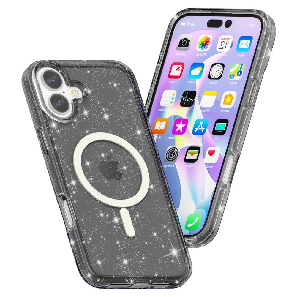 iPhone 16 MagSafe Hybrid Hardcase Schutzhülle im Glitzer Design - Schwarz / Transparent