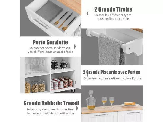 Dessertes îlot central cuisine avec table 4 roues universelles porte-serviettes, 94x41x94cm