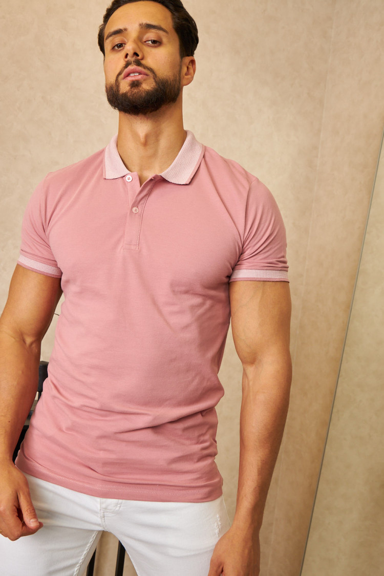 Polo rose col mao à rayures