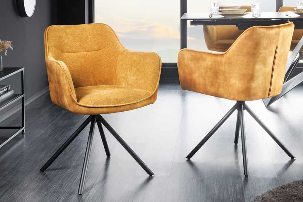 Drehbarer Stuhl VERONA senfgelb Samt Strukturstoff mit Armlehne Metallbeine schwarz