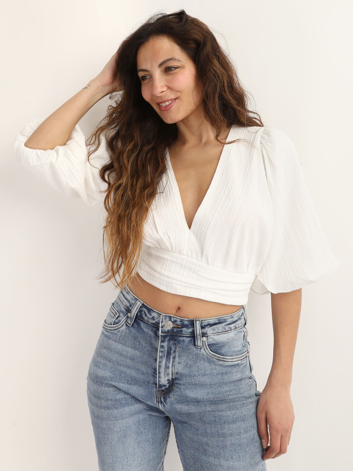 Crop Top plissé à manches ballons- Blanc