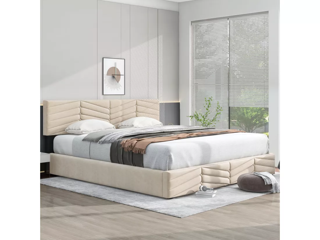 Lit coffre en velours avec sommier à lattes + tête de lit réglable - 160x200cm - Beige