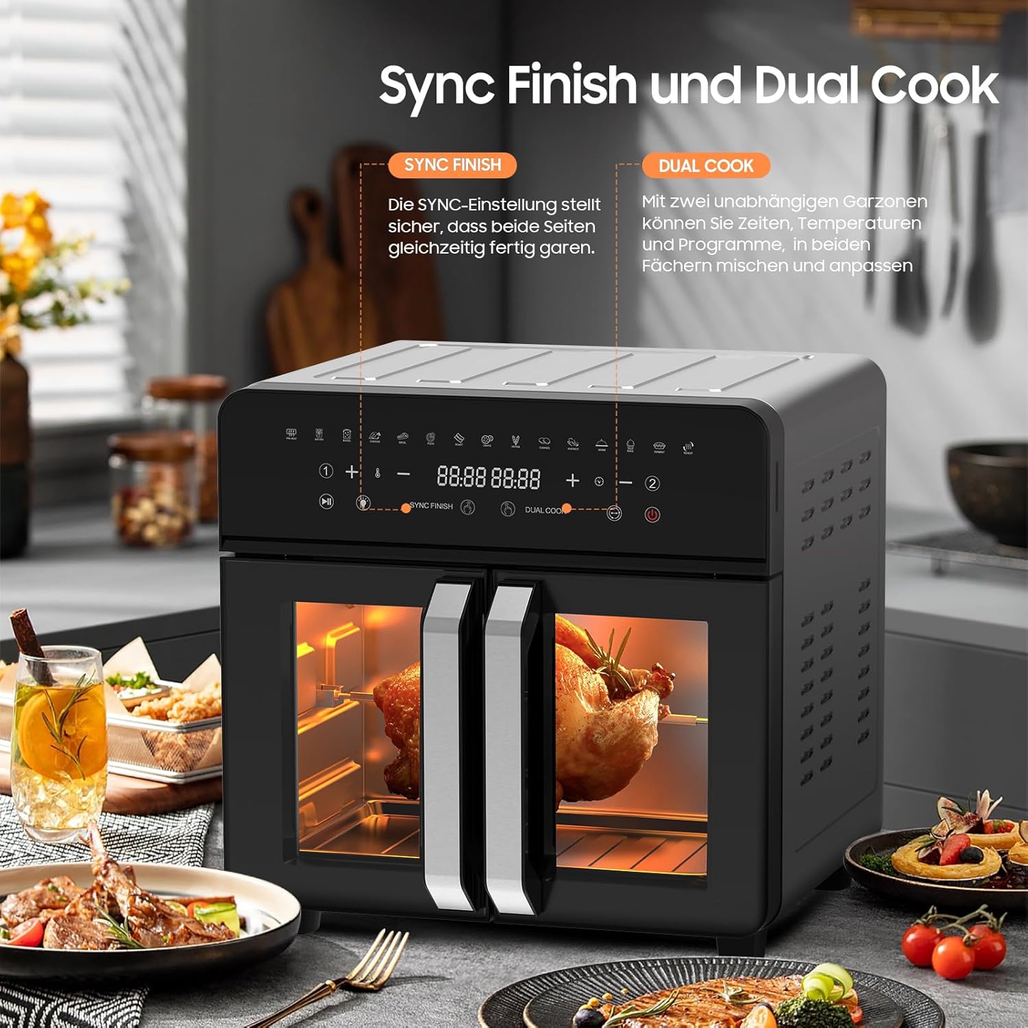 Heißluftfritteuse 23L Dual Zone - XXL Airfryer mit French Door | Heissluftfritteuse Ofen mit Doppelkammer, 15 Programme, 2200W, 12 Zubehör, Herausnehmbarem Trenner für Kochraum, 50-200℃