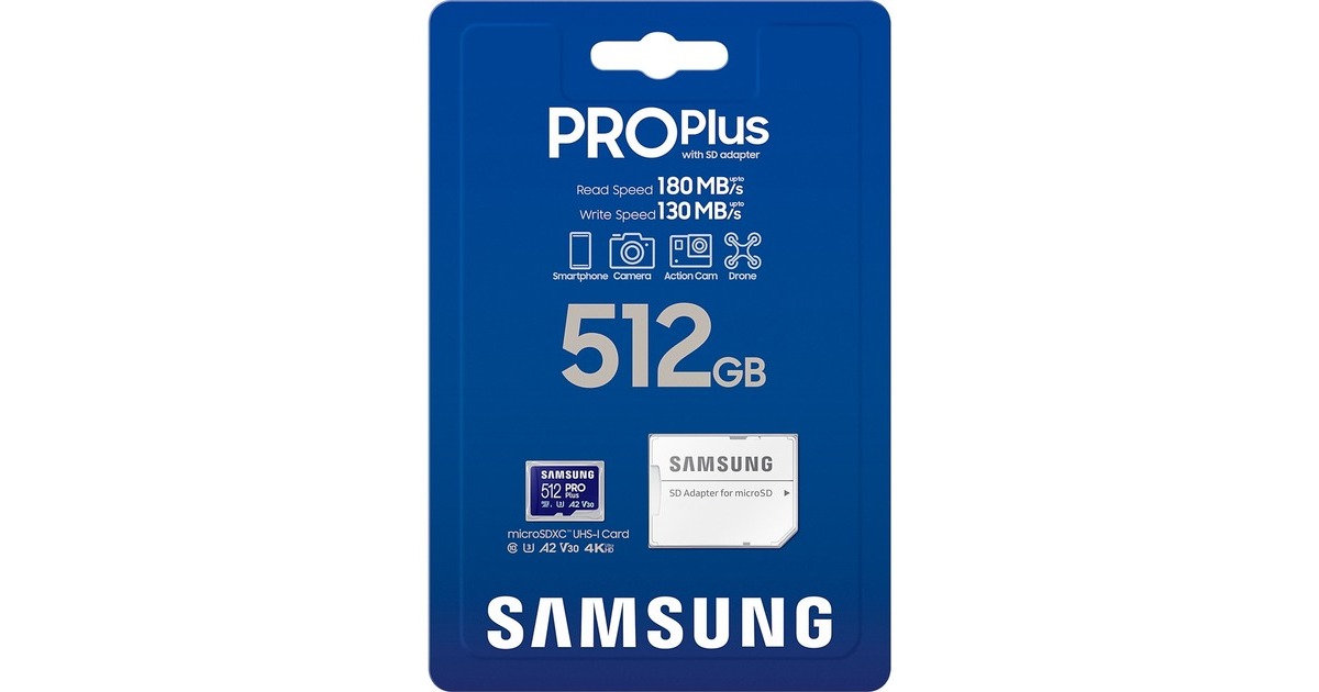 SAMSUNGPRO Plus 512 GB microSDXC (2023) geheugenkaart  (Blauw, UHS-I U3, Class 10, V30, A2)