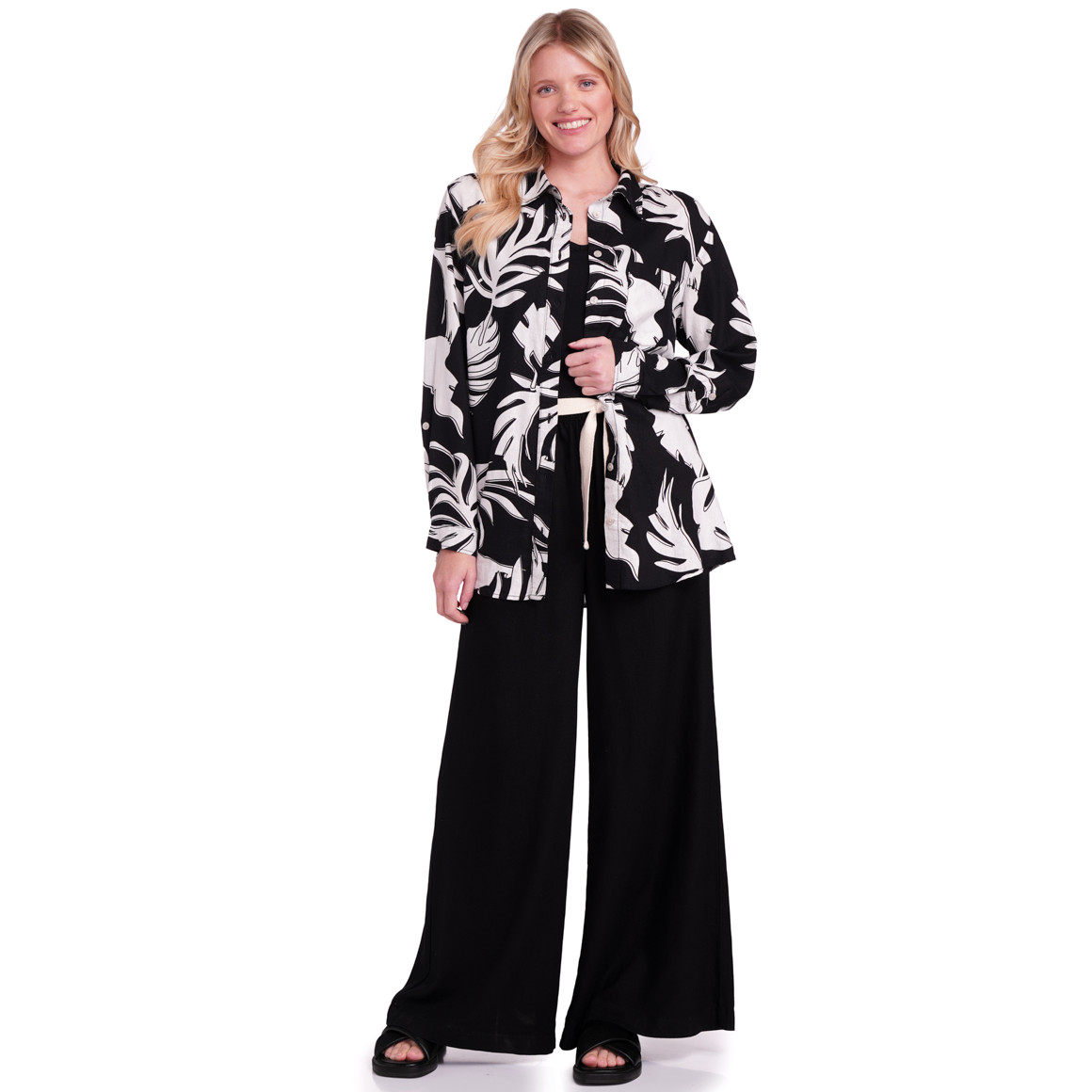 Gina Benotti Damen Leinen-Hose mit Bindegürtel schwarz