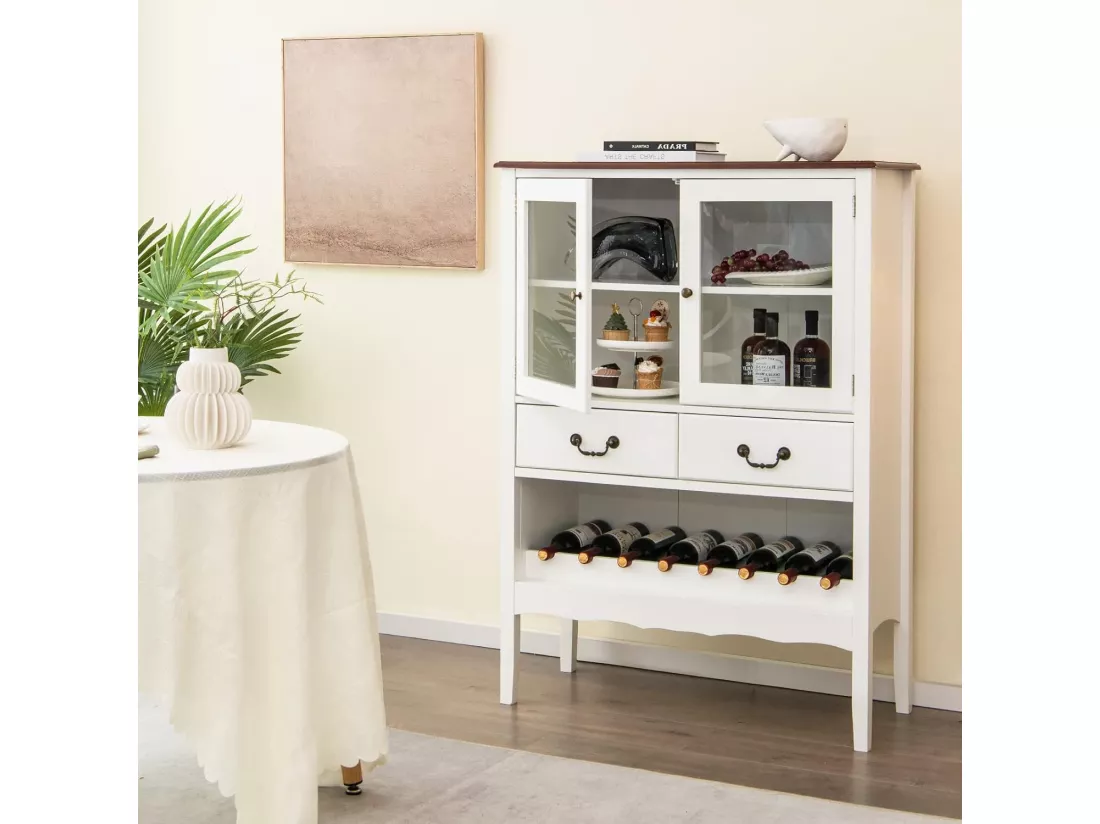 Buffet de cuisine à 2 portes vitrées avec 2 tiroirs porte-bouteilles,90x40x126,5cm blanc