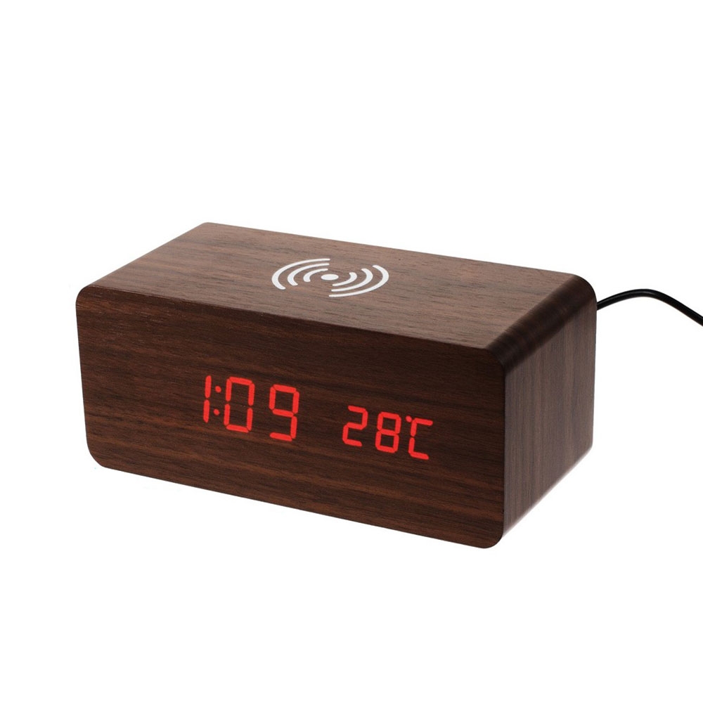 LED Wecker Holz Tischuhr Qi Wireless Ladegerät mit Sound Control - Dunkelbraun