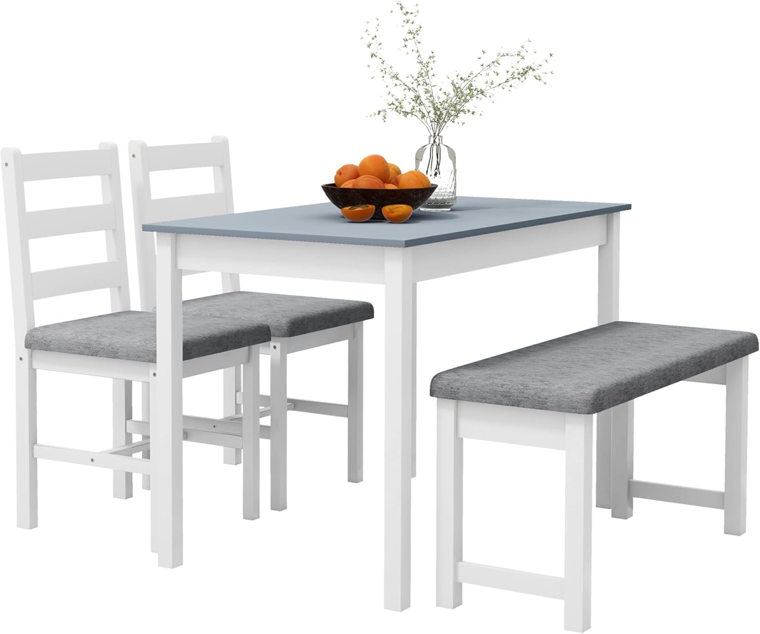 HOMCOM Essgruppe Esstisch mit 2 Stühlen, 1 Bank Platzsparend Esszimmergruppe aus Massivholz Sitzgruppe mit Sitzkissen Küchentisch-Set für Esszimmer, Küche Grau+Weiß