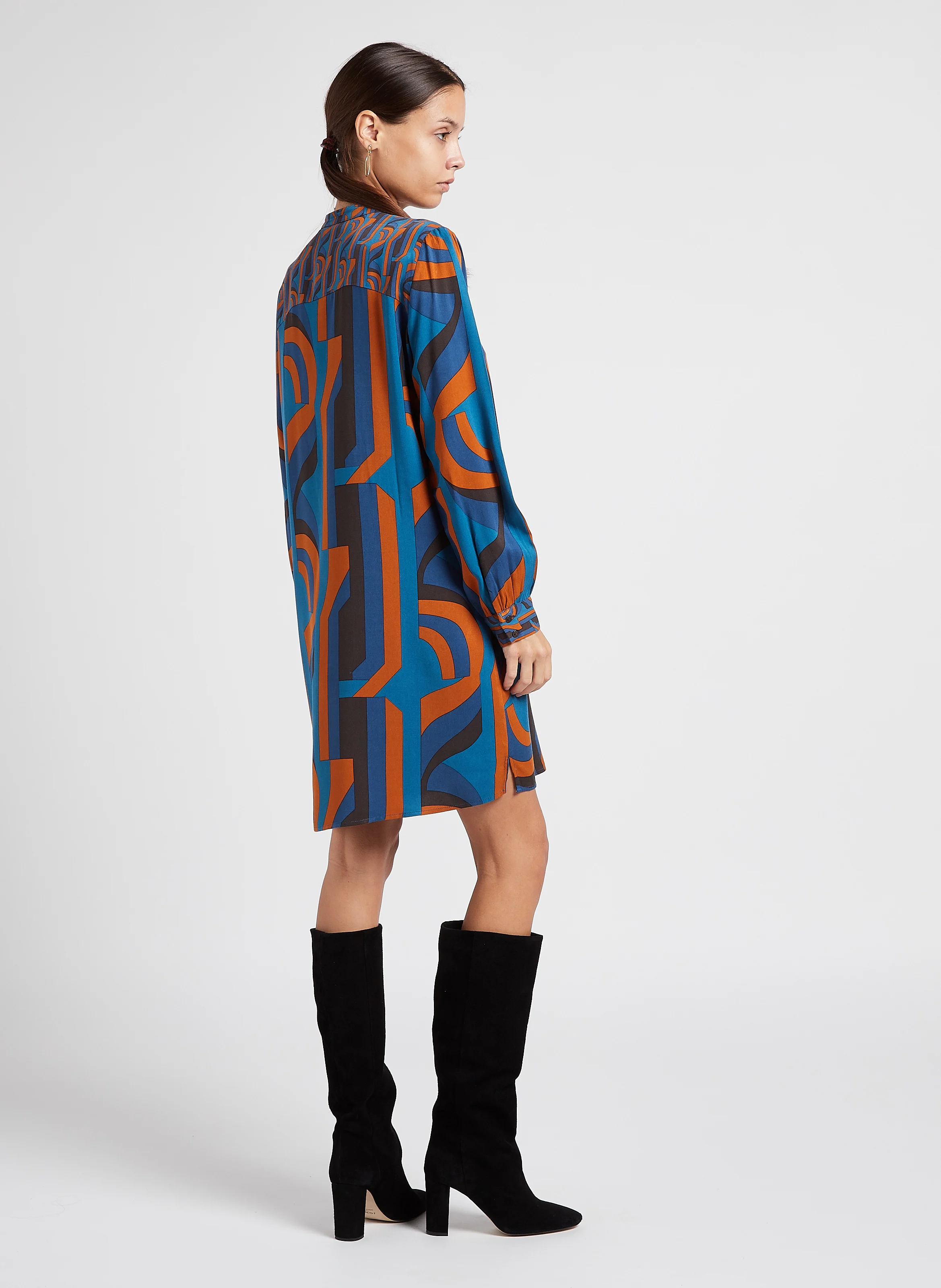 BLAIR RINA - Robe courte droite col rond imprimé | Bleu
