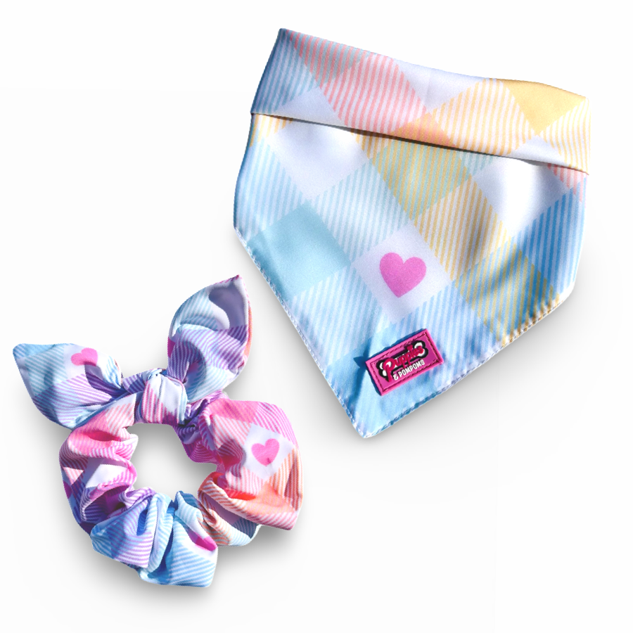 Conjunto de bandana e elástico de cabelo - Vichy Pastel