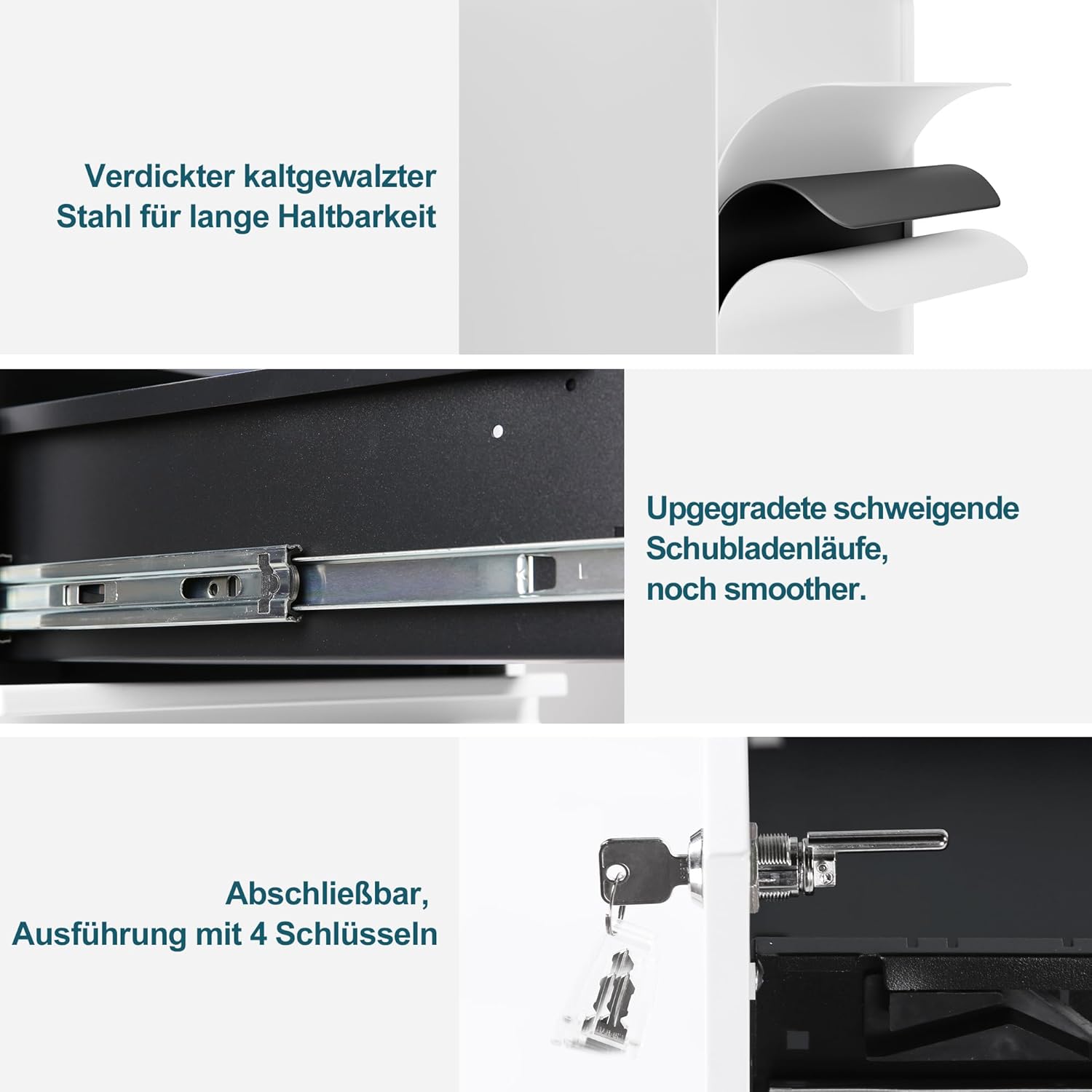 Rollcontainer mit Schubladen, Mobiler Aktenschrank unter Schreibtisch, Abschließbarer Büroschrank, Druckertisch, 3 Schubladen 4 Schlüssel, Vormontiert, Büro, Homeoffice, Weiß