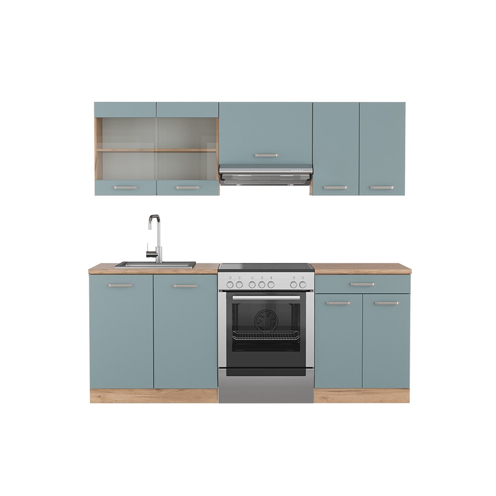 Vicco Küchenzeile R-Line Solid Eiche Blau Grau 200 cm modern Küchenschränke Küchenmöbel