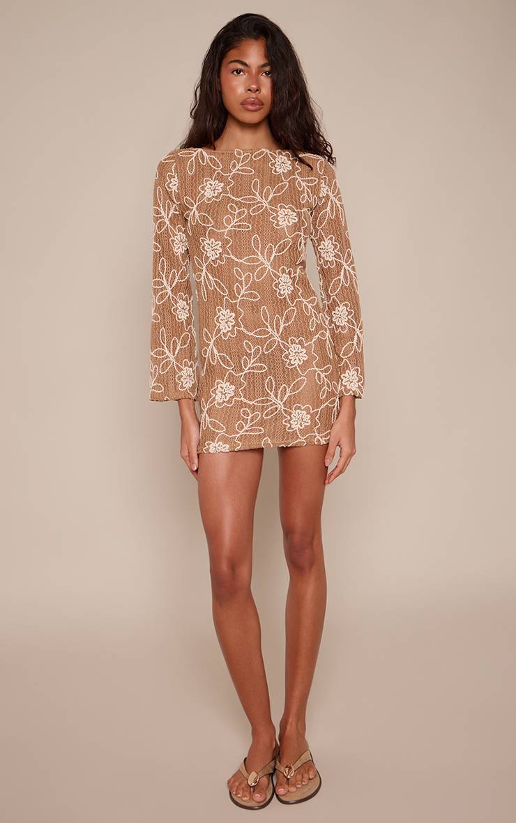 Marron Robe Droite À Manches Longues À Motif Floral Texturé