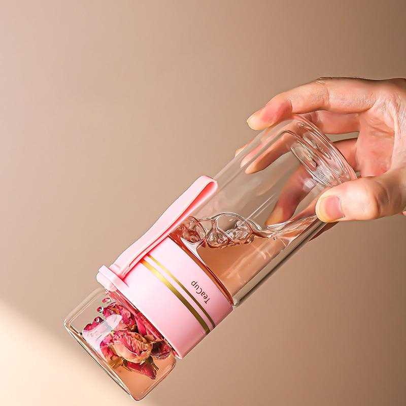 (280ml) Doppelwandige Glas Tee Flasche Thermo Becher Teekanne To Go inkl. Edelstahl Sieb für Losen Tee - Transparent / Weiss