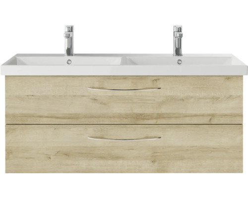 3-delige badkamermeubelset Pelipal serie 4035 BxHxD 120 x 200 x 45 cm, frontkleur eiken riviera, met keramische wastafel in wit en keramische dubbele wastafel, wastafelmeubel, spiegelkast met LED-verlichting, greep chroom hoogglans 40351200111470