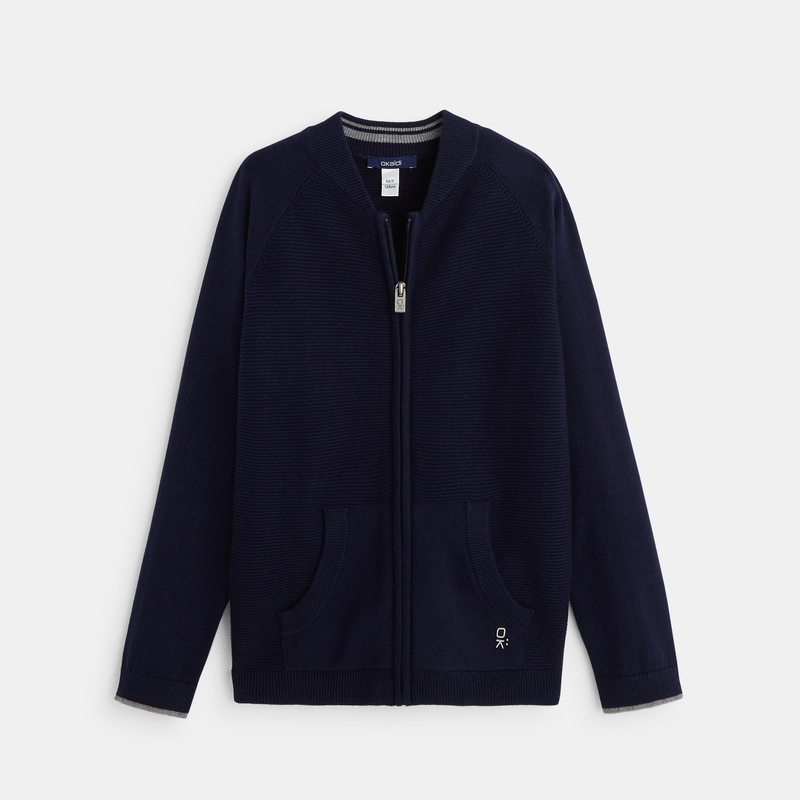 Gilet teddy zippé en maille fine bleu garçon