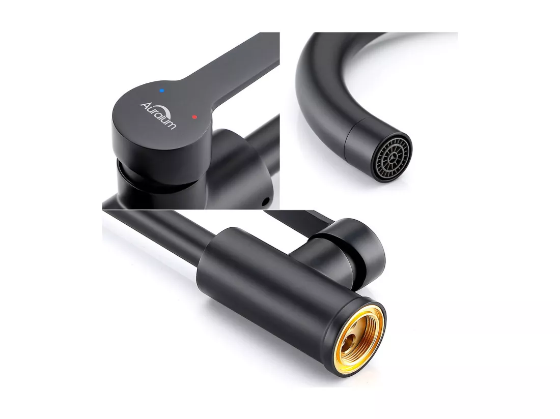 AuraLum Max 2pcs Noir Robinet Cuisine en Laiton Rotatif à 360° Mitigeur Évier Monotrou à Eau Chaude et Froide Convient pour Evier Cuisine,EU Modèle