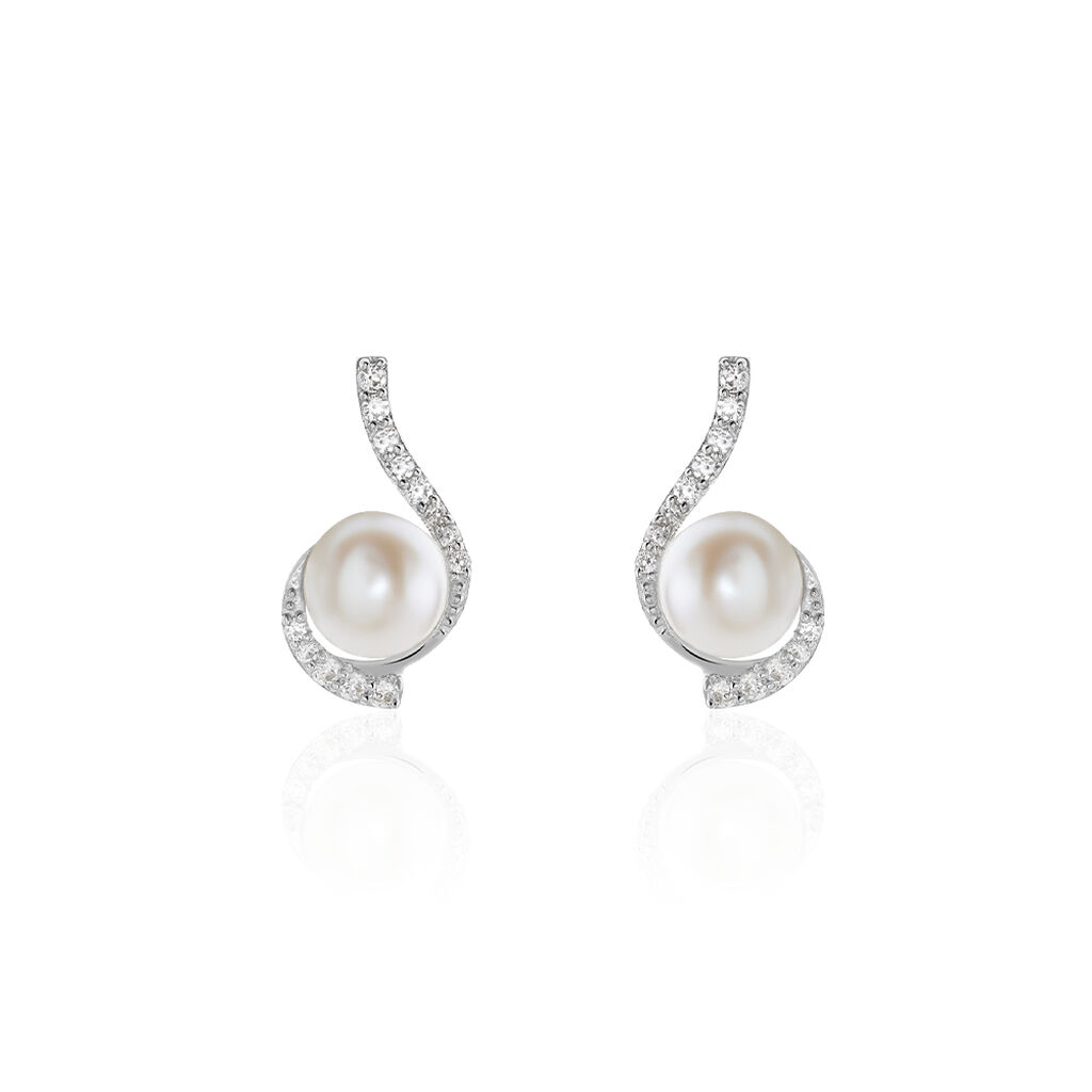 Boucles D'oreilles Puces Cassiopea Or Blanc Oxyde Et Perle De Culture