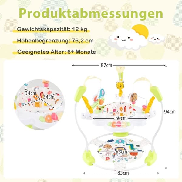 Baby Sky Jumperoo med justerbare høyder og leker og musikkboks Baby Walker Gul