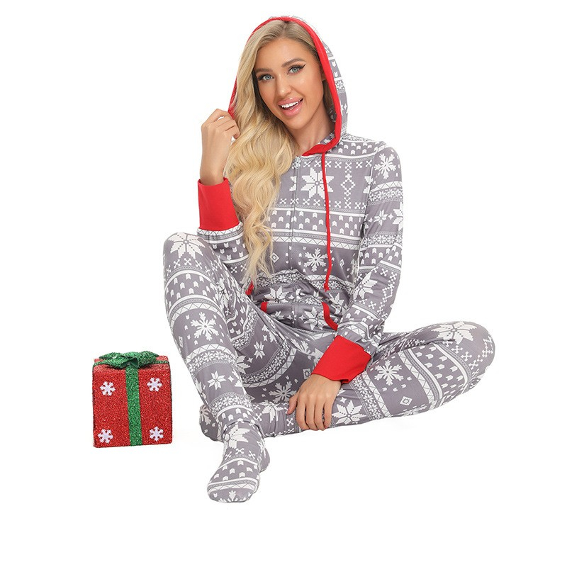 (Gr. M) Damen Christmas Pyjama Overall Winter Jumpsuit mit Kapuze - Grau / Weiss / Rot