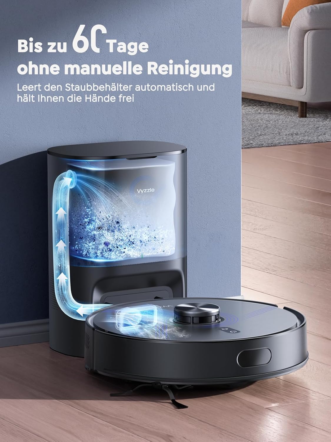 Vyzzle Saugroboter mit Wischfunktion 5500 Pa, Saugroboter mit Absaugstation 3.5L, Staubsauger Roboter für Tierhaare Teppich Böden, APP Steuerung, Alexa & Google Assistant Sprachsteuerung (Schwarz)