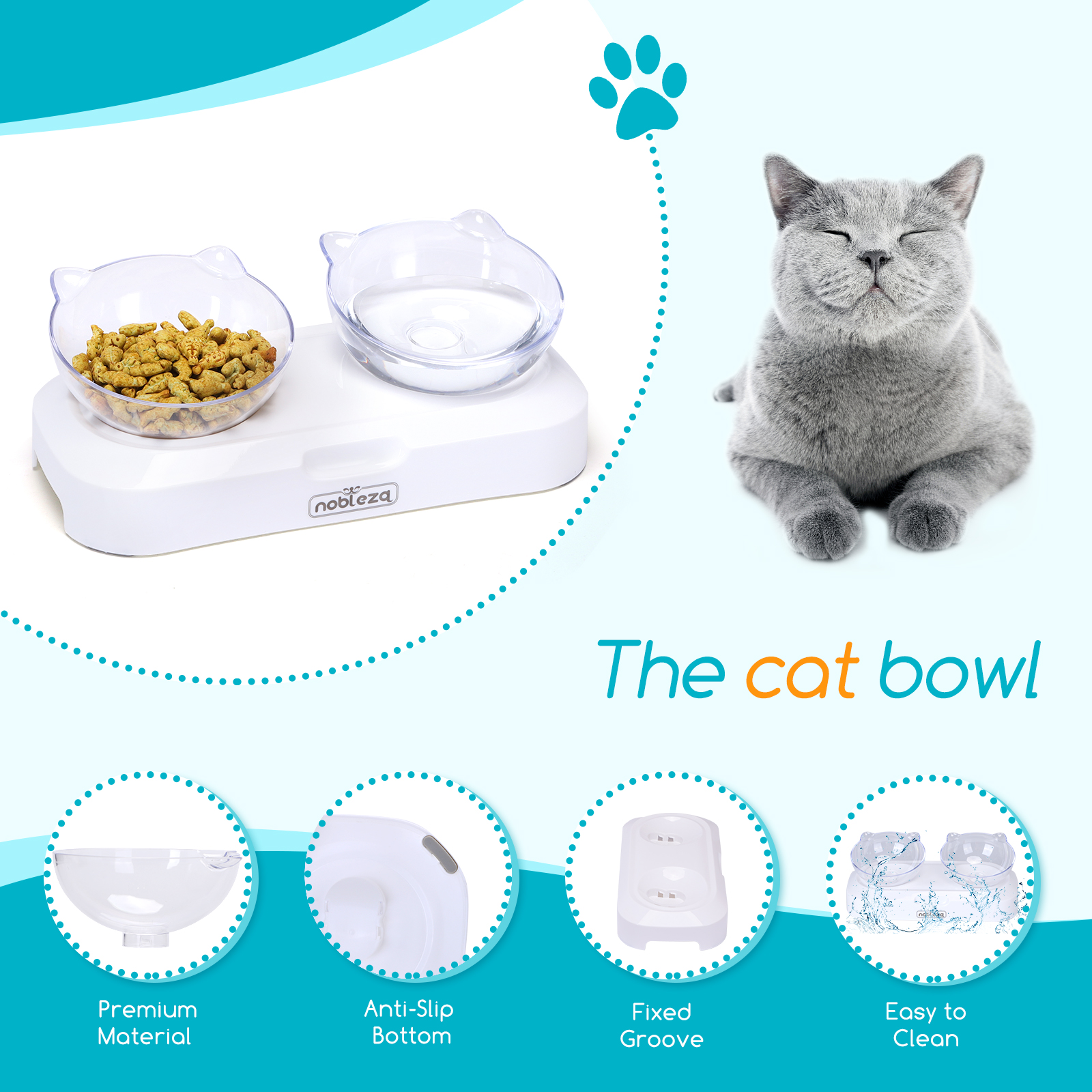 Nobleza - Alimentador para Gatos com Ângulo Ajustável de 0° e 15°, Tigela com Suporte Elevado, Alimentador Duplo Transparente para Cães e Gatos, Base de Silicone Antiderrapante (2 Tigelas)