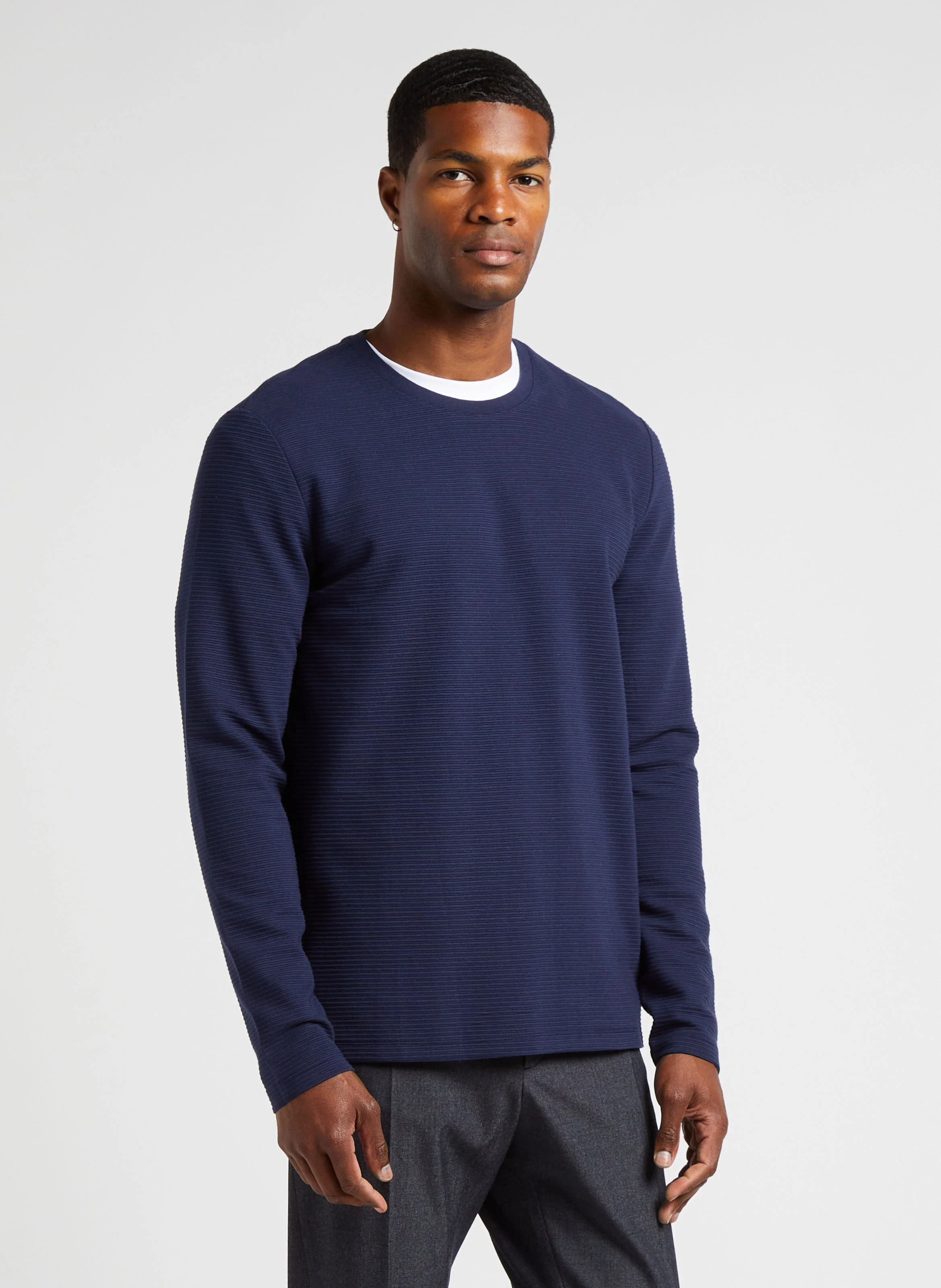 Tee-shirt col rond rayé en coton mélangé| Bleu
