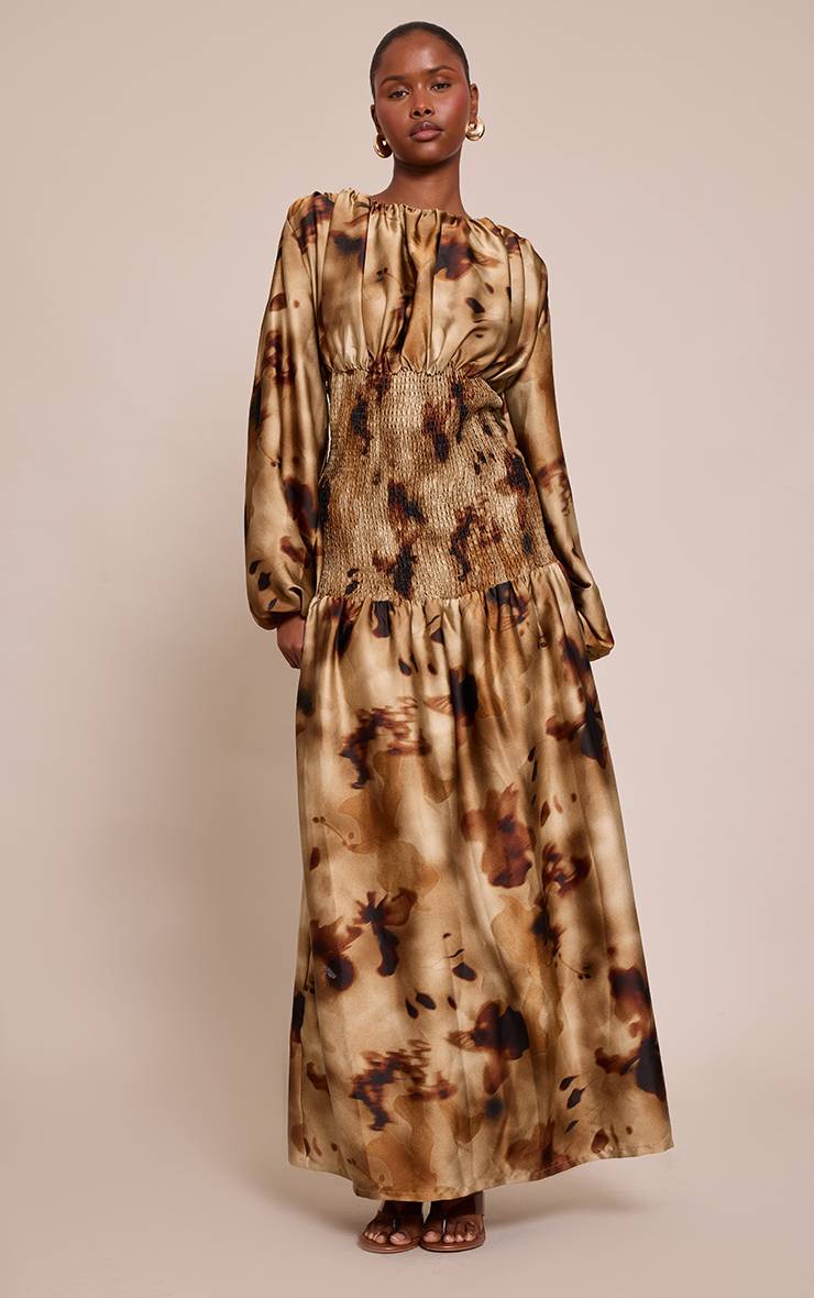 Vert Robe Longue À Taille Froncée Et Manches Longues Imprimé Abstrait